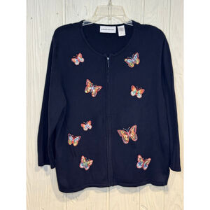 Alfred Dunner Navy Multicolor Butterfly Zip Cardigan Large